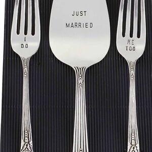 Mud Pie Silver Cake Server and Fork Set with Stamped Wedding Phrases